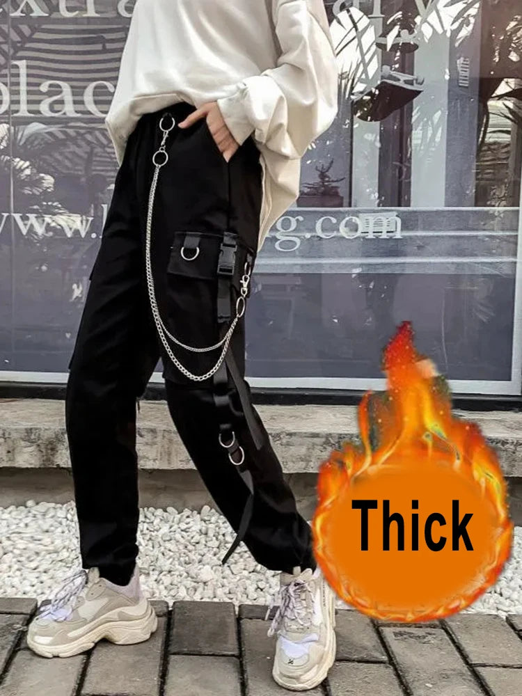 ZOKI Gothic Damen Cargohose Schwarze Joggers Hohe Taille Harajuku Haremshose Punk Goth Techwear Kettenhose Weiblicher Hip Hop