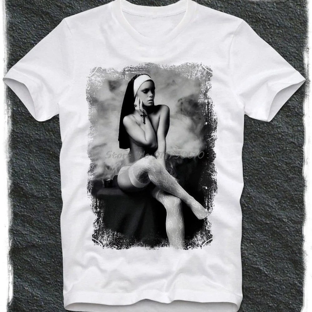 Women T Shirt Nun Nonne Religieuse Pin Up Church of Satan Anton Lavey Satanic Occult Goth Gothic Shirt Cotton Men Clothing