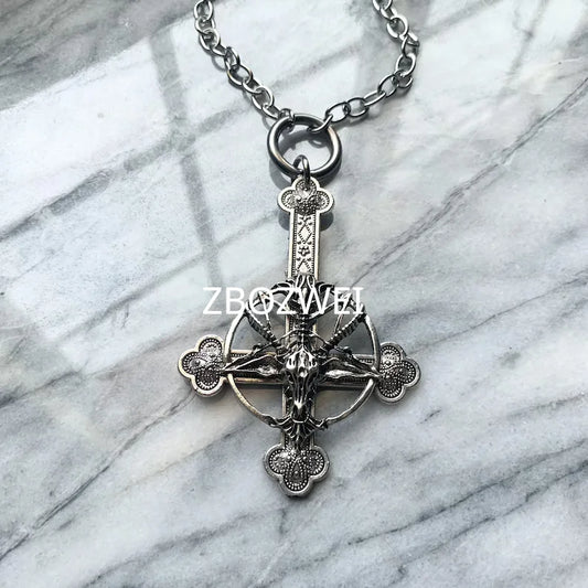 Baphomet Cross Necklace Inverted Upside Down Pendant Necklace Vintage Gothic Satanic Pagan Wiccan Druid Occult Jewelry