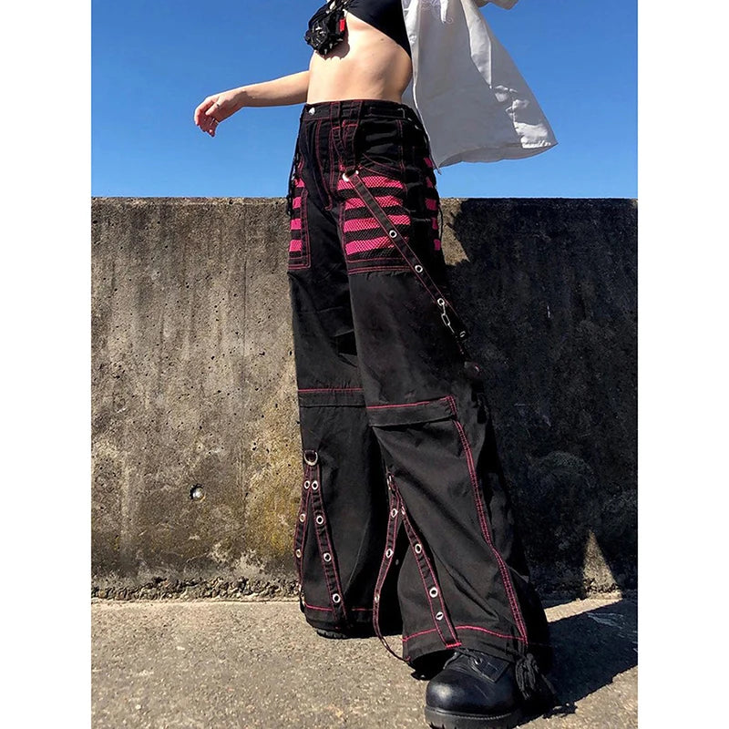 E-girl Pantaloni cargo grunge gotici con fasciatura da donna Vintage Dark Academia Pantaloni larghi Pantaloni della tuta Punk Hip Hop Streetwear