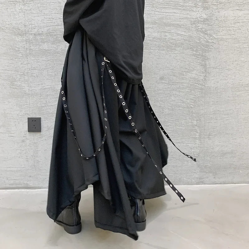 Men Ribbon Dark Black Wide Leg Pants Male Women Japan Punk Gothic Harem Trousers Kimono Skirt Pants