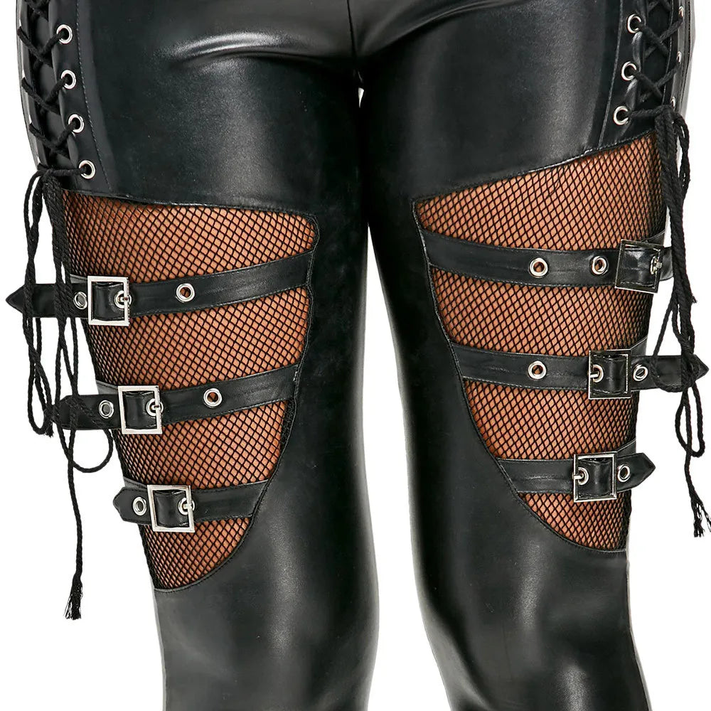 Damen PU Leder Skinny Slim Hose Gothic Punk Leggings Netzbesatz Spitzenhose Kunst PU Leder Bleistifthose Club Kleidung