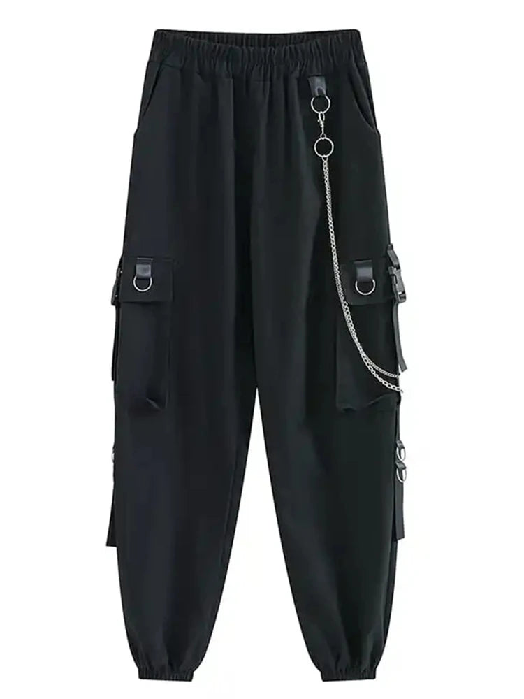 ZOKI Gothic Damen Cargohose Schwarze Joggers Hohe Taille Harajuku Haremshose Punk Goth Techwear Kettenhose Weiblicher Hip Hop