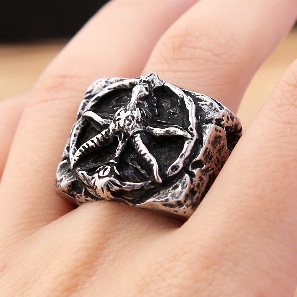 Vintage Satan Goat Skull Ring 316L Stainless Steel Punk Fashion Satan Pentagram Rings For Men Boys Amulet Jewelry Gift Wholesale