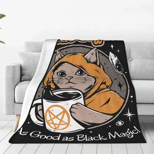 Black Coffee Blankets Coral Fleece Plush Japanese Japan Retro Cats Horror Satan Halloween Soft Throw Blankets for Bed Bedspread