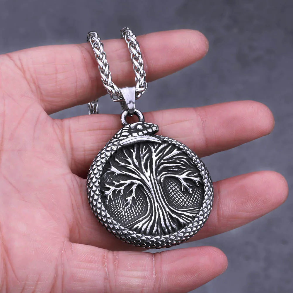 Vintage Viking Tree of Life Pendant Necklace Stainless Steel Nordic Yggdrasil Ouroboros Necklace Men Scandinavian Amulet Jewelry