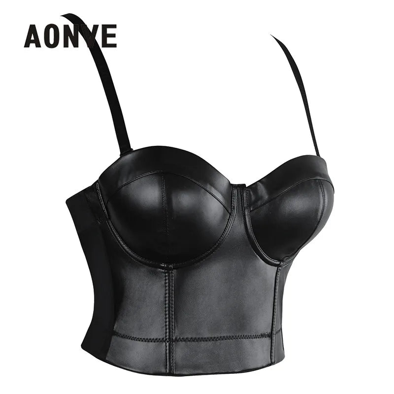 Aonve Damen Sommer Sexy Top PU Leder Festival Kleidung Tops Bralette Cropped Top Weiblich Punk Goth Clubwear Schwarz Rot Plus Size