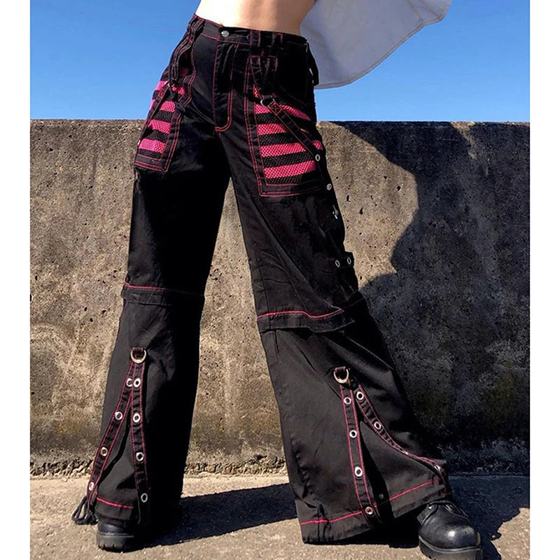 E-girl Pantaloni cargo grunge gotici con fasciatura da donna Vintage Dark Academia Pantaloni larghi Pantaloni della tuta Punk Hip Hop Streetwear