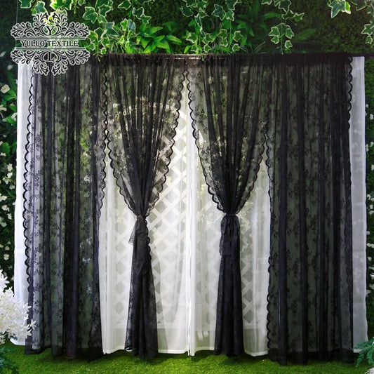 Black Lace Curtain Gauze Drape French Pastoral Nordic Vintage Festival Home Decoration Window Screen Black Gauze Fabric