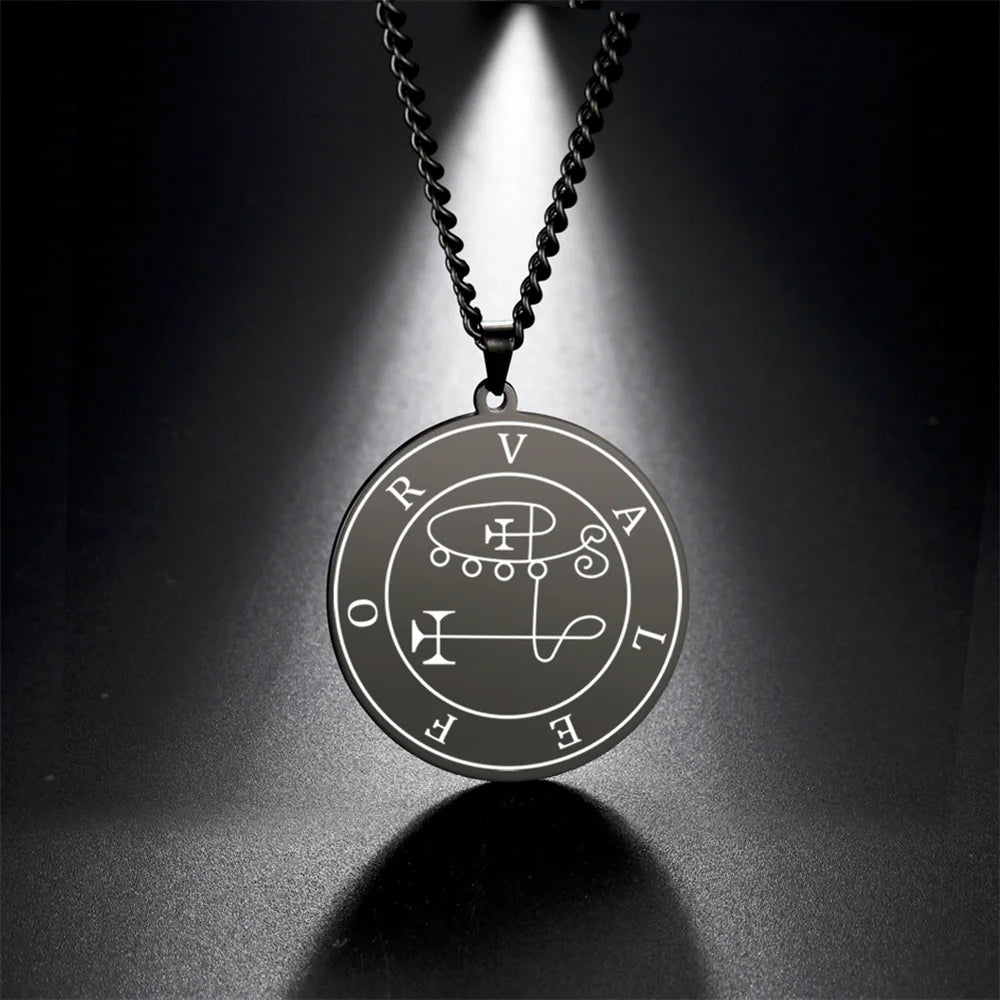 EUEAVAN Demon Satan Origins Seal Pendant Necklaces Stainless Steel Black King Asmoday Sigil Solomon Necklace Luck Amulet Jewelry