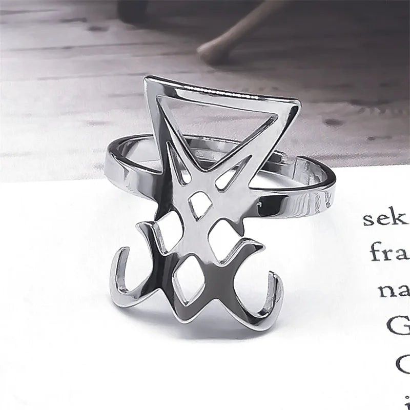 Gothic Sigil Of Lucifer Satan Symbol Ring for Women Men Stainless Steel Adjustable Devil Satan Seal Finger Ring Jewelry Gifts