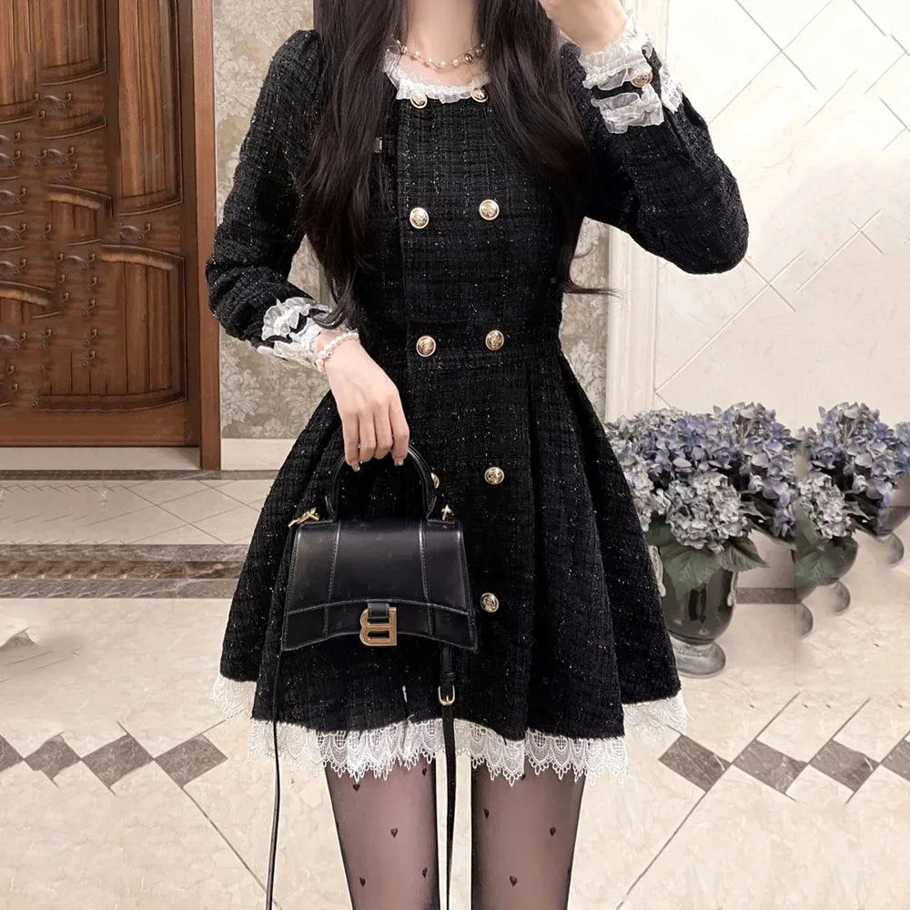 2023 Autumn Vintage Tweed Dress Party Women Elegant Gothic Lolita Kawaii Clothing One Piece