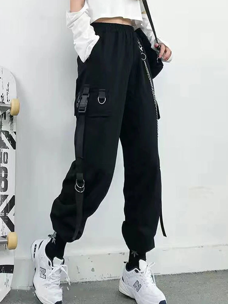 ZOKI Gothic Damen Cargohose Schwarze Joggers Hohe Taille Harajuku Haremshose Punk Goth Techwear Kettenhose Weiblicher Hip Hop