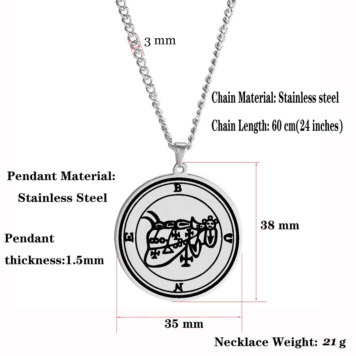 Steel Color King Asmoday Sigil Demon Origins Seal Lesser Key of Solomon Goetia 25-36 Talisman Stainless Steel Pendant Necklace