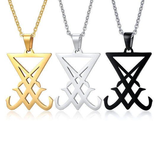 Silberfarbe Siegel des Luzifer-Anhängers Satanisches Symbol Edelstahl Männer Halskette Siegel des Satans Halskette Emblem Amulett Schmuck