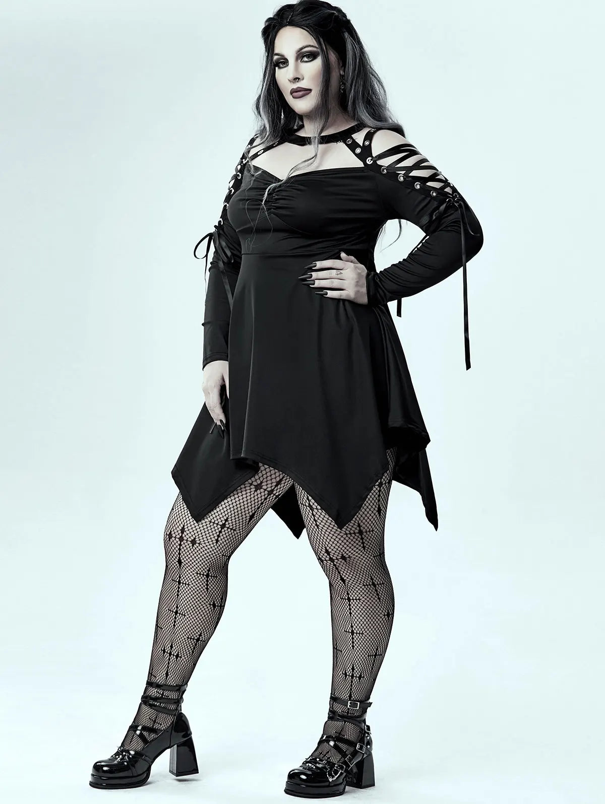 ROSEGAL Plus Size Gothic Asymmetrical Women's Clothing Long Tops Choker Lace Up Cutout Dress Black Dresses Tees Dual Use