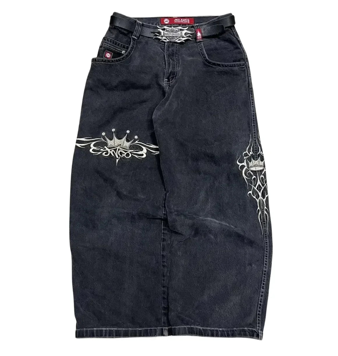 JNCO Jeans Neue Herren Harajuku Retro Hip Hop Totenkopf Stickerei Baggy Jeans Denim Hosen 90er Jahre Street Gothic Weite Hosen Streetwear