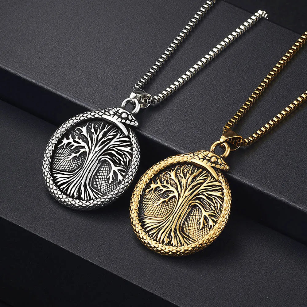 Vintage Viking Tree of Life Pendant Necklace Stainless Steel Nordic Yggdrasil Ouroboros Necklace Men Scandinavian Amulet Jewelry