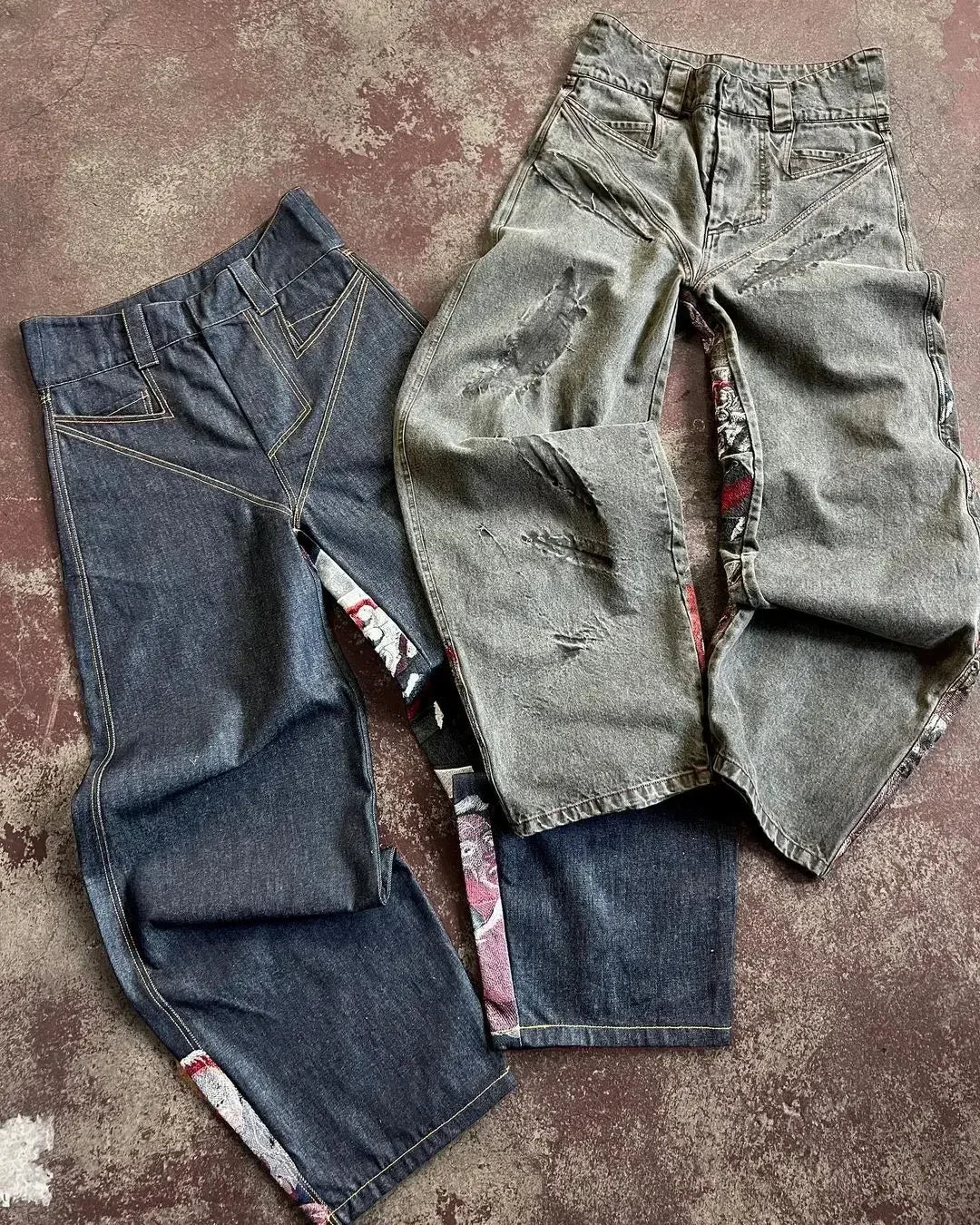 Jeans larghi stampati con ricamo punk hip hop Y2k Jeans da uomo, artigianato pesante, stile retrò, pantaloni a gamba larga, jeans strappati gotici, caldi