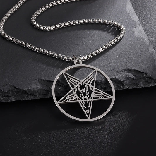 Classic Punk Style Amulet Pendant Stainless Steel Necklace Goat Satan European and American Punk Style Round Pentagram Ornaments