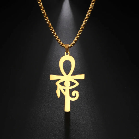 Amaxer Viking Eye of Horus Egypt Ankh Cross Necklace For Men Women Religious Pendant Amulet Vintage Gold Color Jewelry