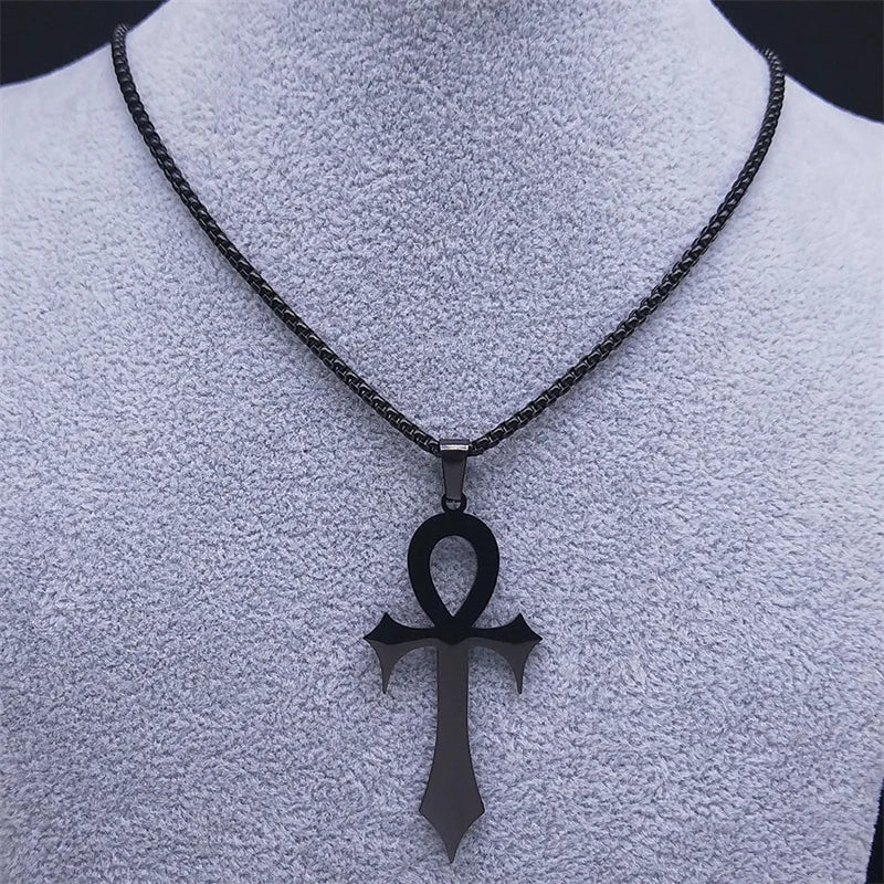 Collana con croce egizia gotica Ankh Chiave della vita in acciaio inossidabile Colore nero Amuleto Collane religiose Gioielli gotici Regalo N8582