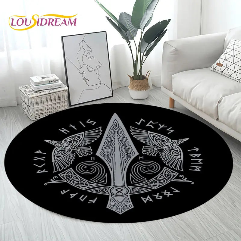 Viking Helmet Battle Axe Celtic Satan Round Carpet Floor Mat, Area Rug for Bedroom Living Room Chair Non-Slip,Children Play Rug