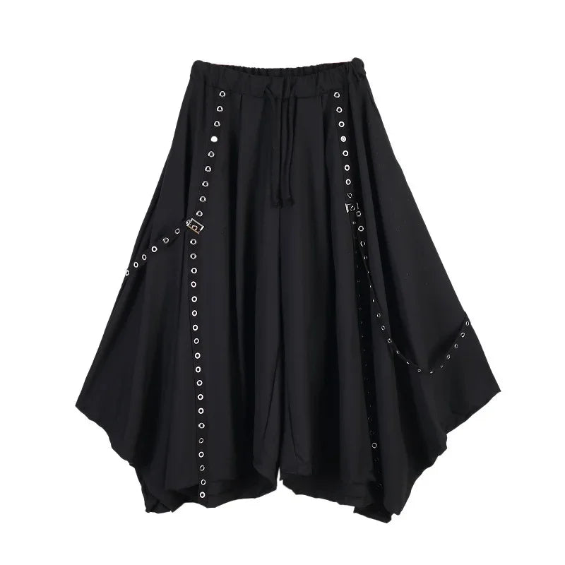 Men Ribbon Dark Black Wide Leg Pants Male Women Japan Punk Gothic Harem Trousers Kimono Skirt Pants