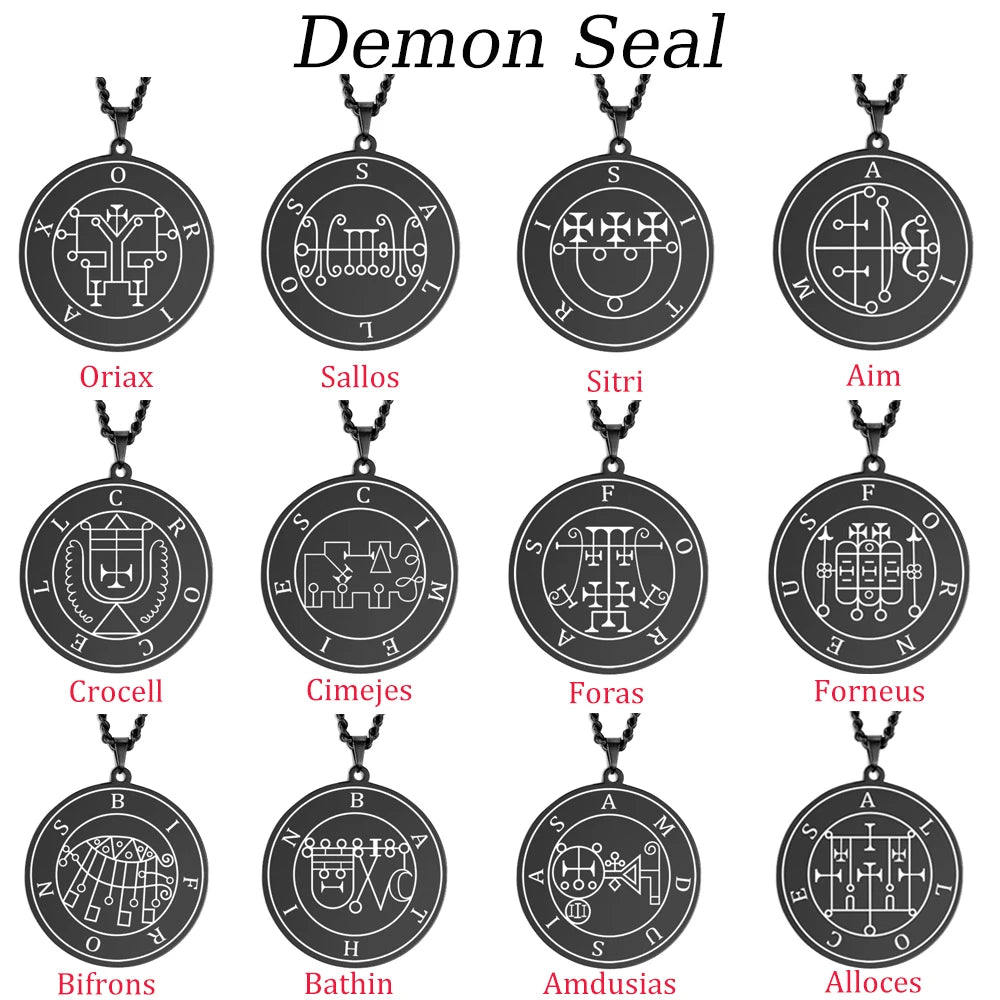 EUEAVAN Demon Satan Origins Seal Pendant Necklaces Stainless Steel Black King Asmoday Sigil Solomon Necklace Luck Amulet Jewelry