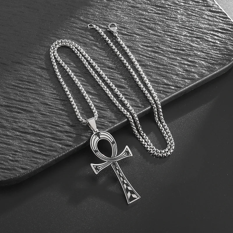 Stainless Steel Ancient Egyptian Cross Life Key Necklace Retro Amulet Pharaoh Patron Saint Jewelry Men