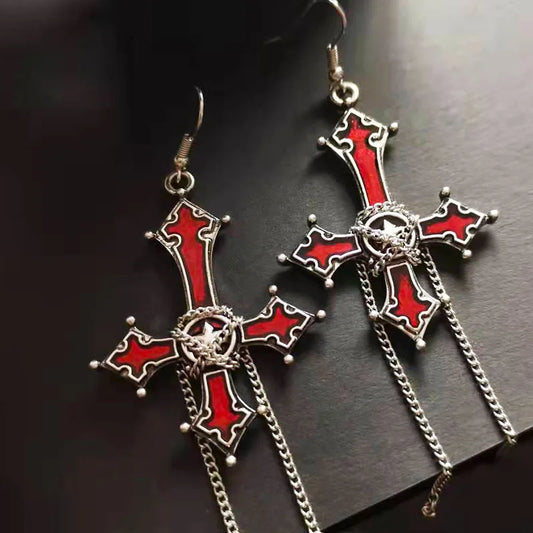 Bloody Skull Rose Inverted Cross Pendant Earrings Vintage Gothic Cross Pendant Earrings Devil Lucifer Satan Satanic Jewelry