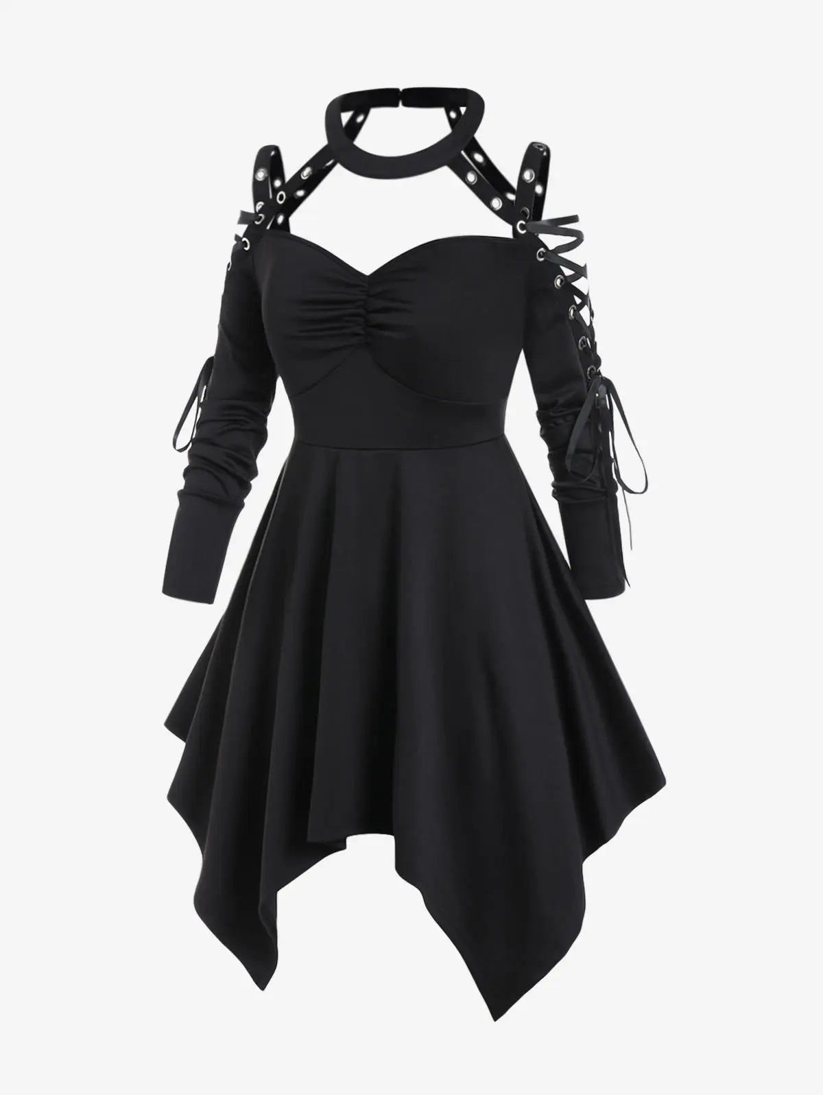 ROSEGAL Plus Size Gothic Asymmetrical Women's Clothing Long Tops Choker Lace Up Cutout Dress Black Dresses Tees Dual Use