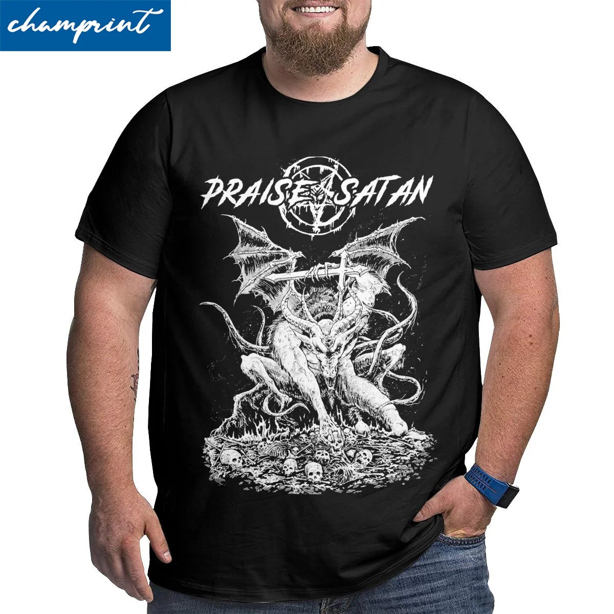 Men T-Shirts Praise Satan Skull Dark ArtT Shirt Occult 666 Devil Pentagram Cotton Big Tall Tee Shirt Big Size 5XL 6XL Clothes