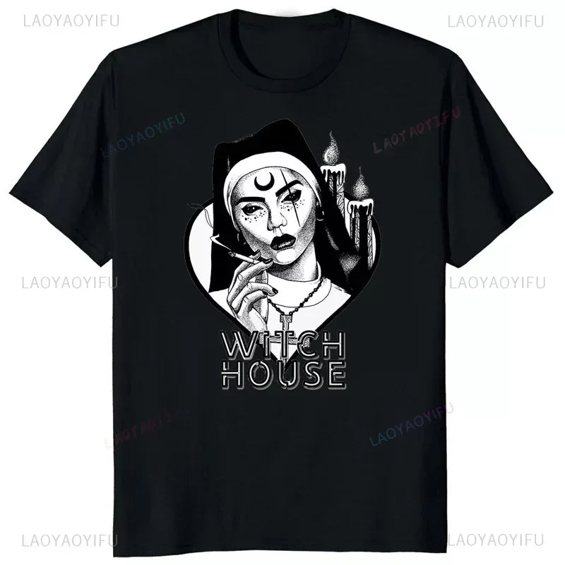 Nonne Religieuse Männer T-Shirt Kirche von Lavey Satanic Occult Tees Klassische Tops Cartoon Grafik T-Shirts Frauen Kleidung Baumwolle T