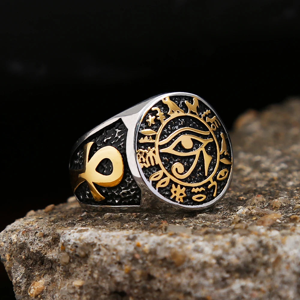 Ägyptischen Vintage Männer Auge Von Horus Ring Mode Edelstahl Ankh Kreuz Ring Punk Biker Amulett Schmuck Geschenk Dropshipping