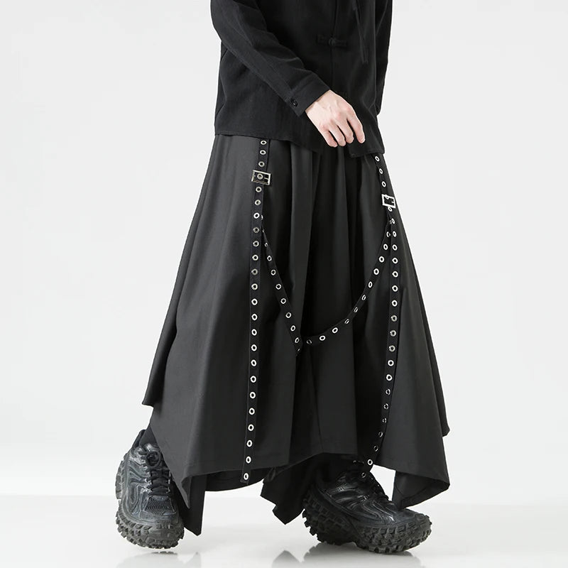 2023 Men Ribbon Black Wide Leg Pants Male Women Chinese Style Streetwear Punk Gothic Harem Trousers Men Kimono Skirt Pants