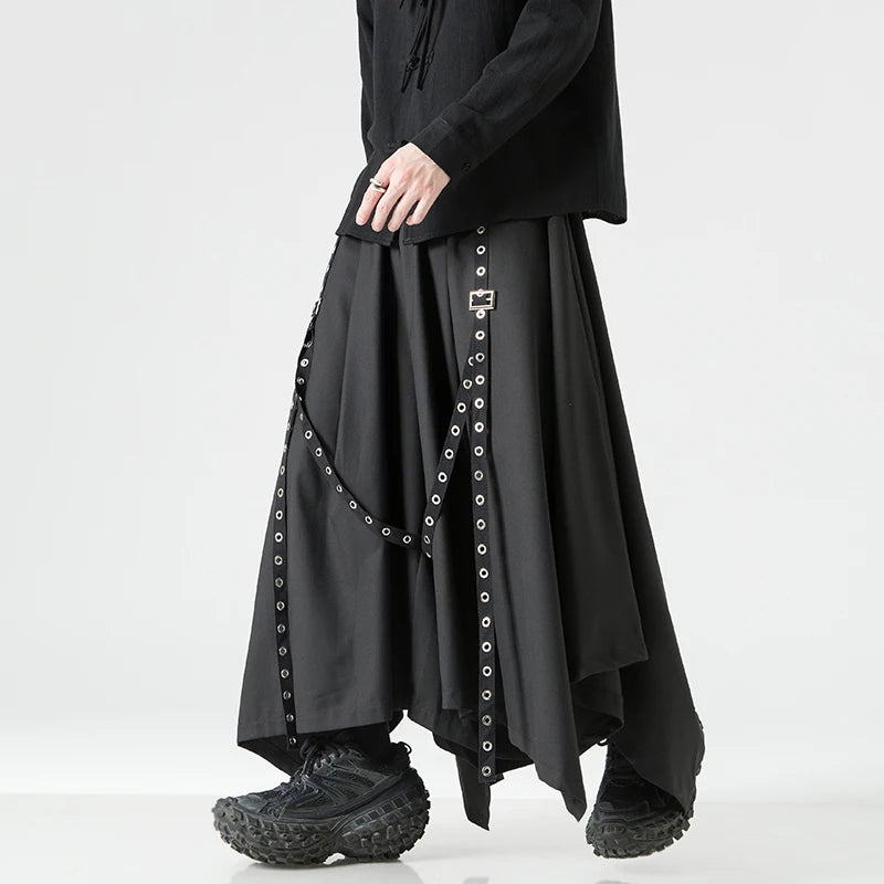 2023 Men Ribbon Black Wide Leg Pants Male Women Chinese Style Streetwear Punk Gothic Harem Trousers Men Kimono Skirt Pants