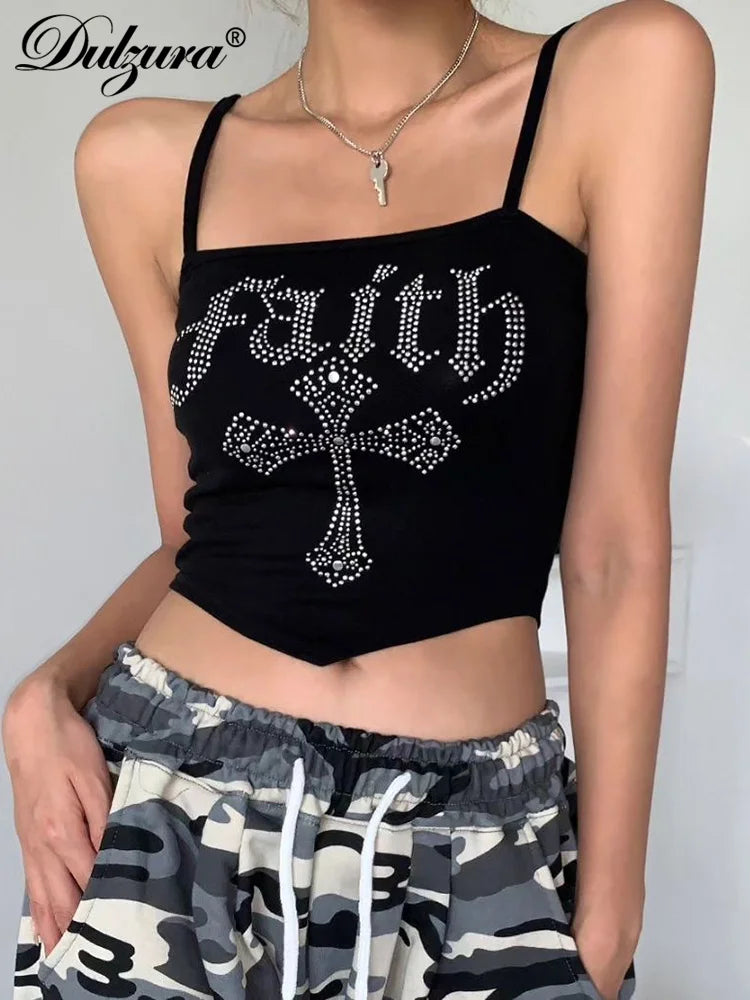 Dulzura Strass Buchstaben Crop Top Ärmelloses Leibchen Weste Sexy Party Abend 2024 Sommer Club Outfits Geburtstag Clubwear