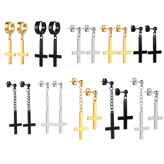BONISKISS Men Women Stainless Steel Inverted Upside Down Cross Earring Church of Satan Temple Occult Satanic Witchy Stud Jewelry
