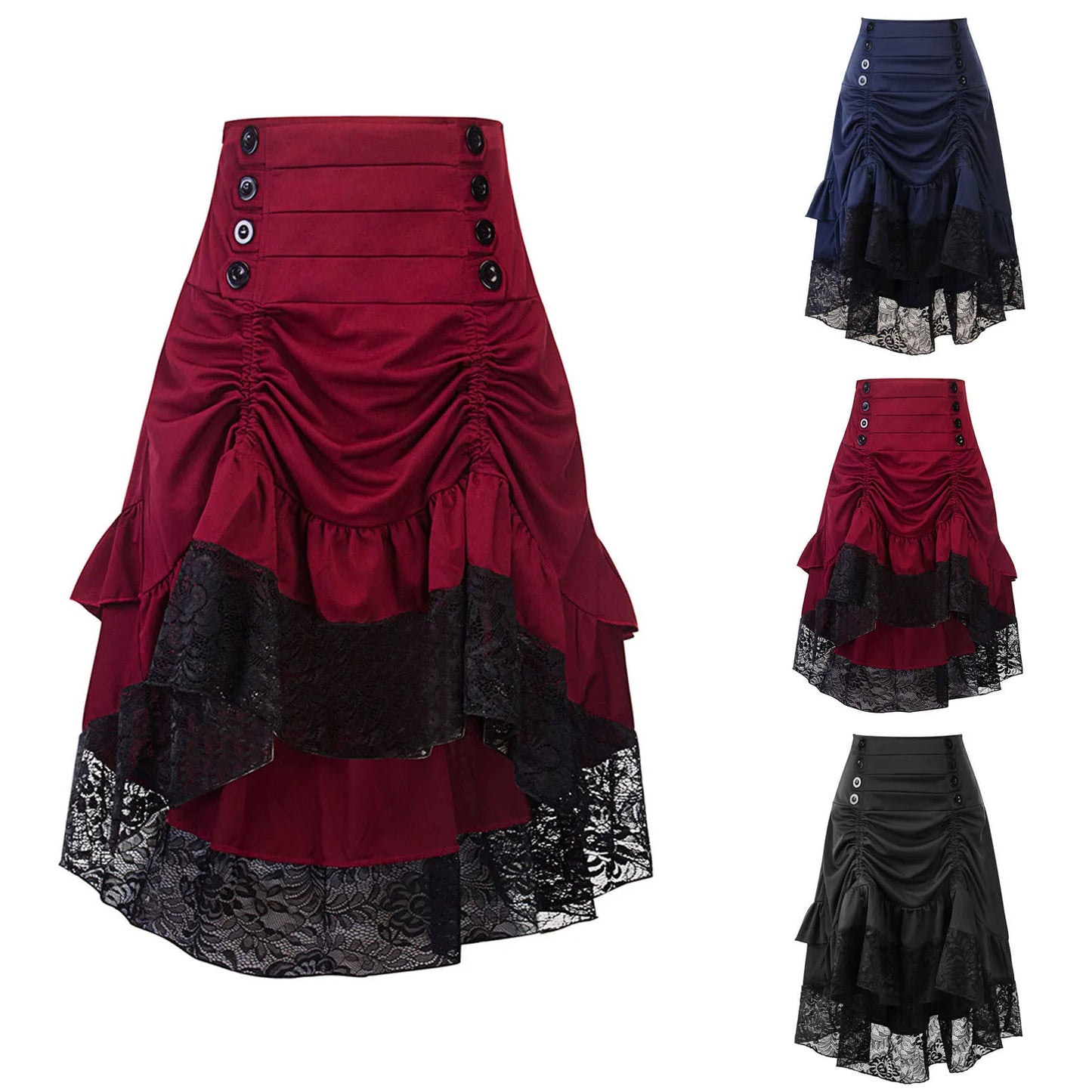 Costumi Steampunk Gotico Gonna Pizzo Donna Abbigliamento Alto Basso Ruffle Party Lolita Rosso Medievale Vittoriano Punk Skater Bottone Frontale