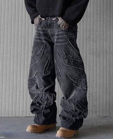 Baggy Jeans for Men Y2k Hip Hop Distressed Retro Black Pants  Oversized Embroidery Harajuku Gothic Wide Leg Trousers Streetwear