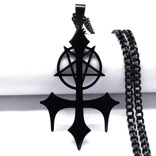 Goth Pentagram Sigil Satan Cross Necklace for Men Stainless Steel Black Y2k Gothic Star Lucifer Jewelry Halloween Gift N3002