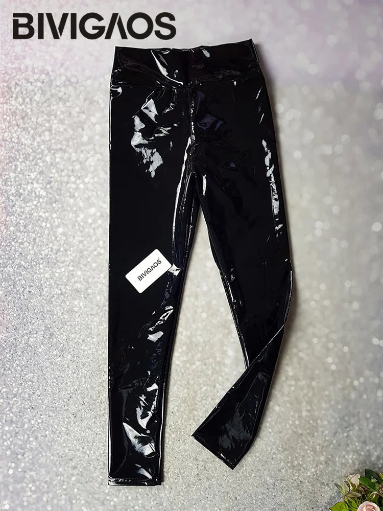 BIVIGAOS Nuove donne leggings in pelle specchiata riflettente lucido elasticizzato stretto pantaloni in pelle PU a vita alta leggings sexy sottili