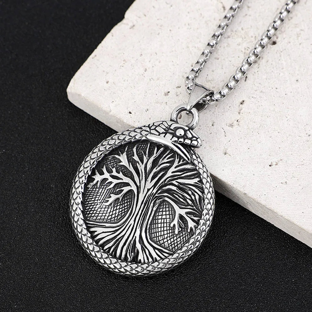 Vintage Viking Tree of Life Pendant Necklace Stainless Steel Nordic Yggdrasil Ouroboros Necklace Men Scandinavian Amulet Jewelry