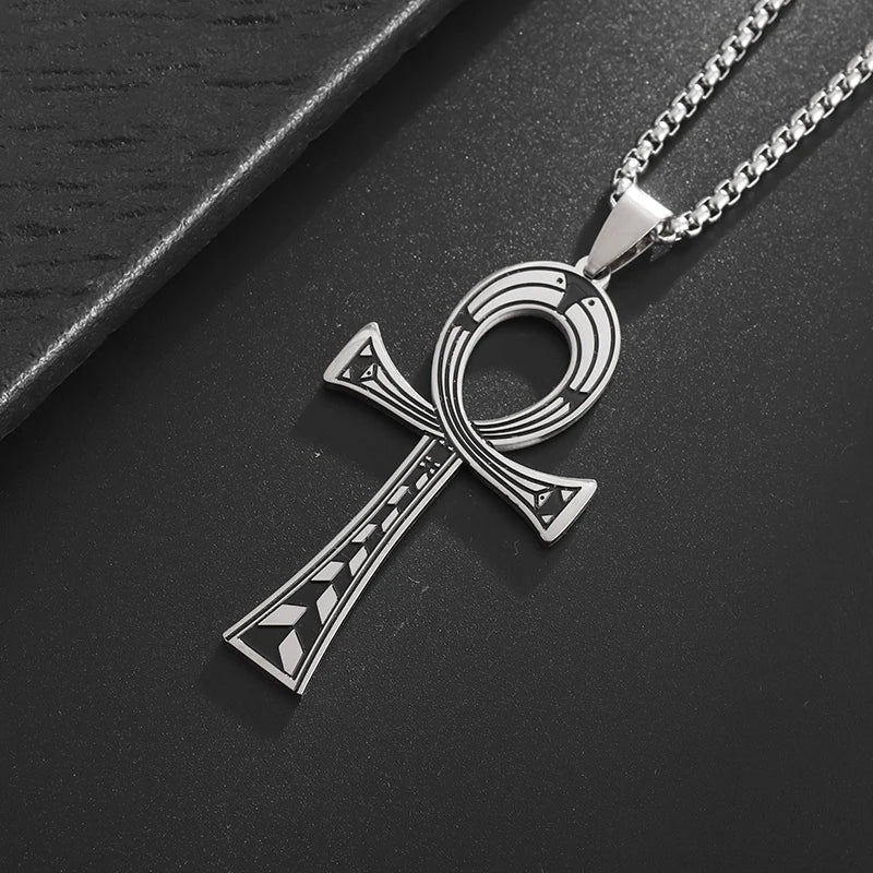 Stainless Steel Ancient Egyptian Cross Life Key Necklace Retro Amulet Pharaoh Patron Saint Jewelry Men