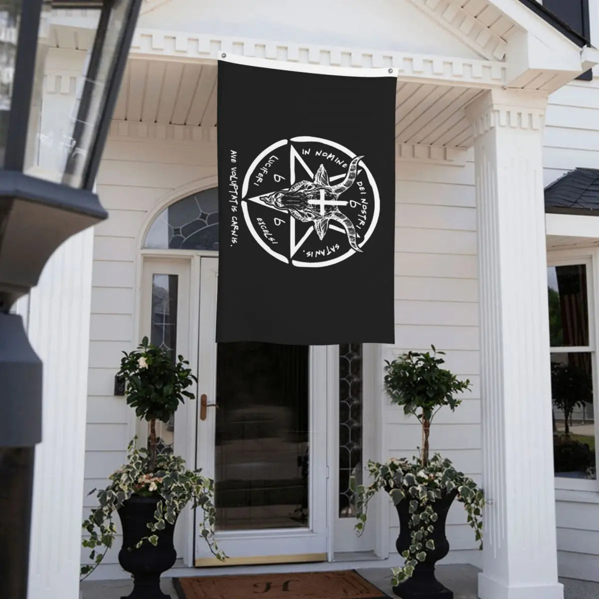 666 Bandiere Baphomet Banner bifacciale per esterni Sigillo di Satana, la testa di capra, decorazione appesa in poliestere fresco