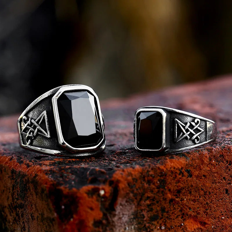 BEIER 2023 New Updated Design Lucifer Satan Signet  Ring For Men With Black Stone Stainless Steel Vintage Jewelry Gift Wholesale