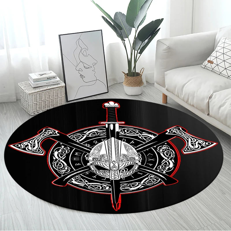 Viking Helmet Battle Axe Celtic Satan Round Carpet Floor Mat, Area Rug for Bedroom Living Room Chair Non-Slip,Children Play Rug