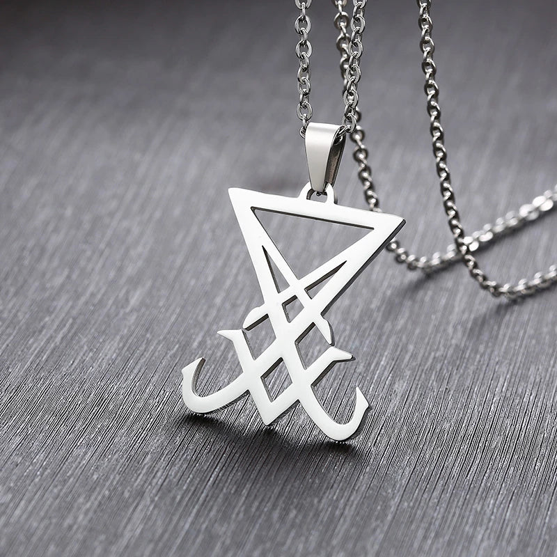 silver color Sigil Of Lucifer Pendant Satanic Symbol Stainless Steel Men Necklace Seal Of Satan Necklace Emblem Amulet Jewelry