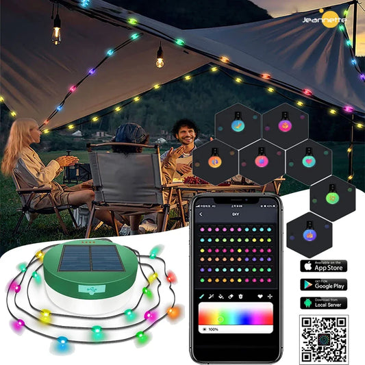 Camping Solar String Lights Solar String Light RGB Smart APP Control Rechargeable Bluetooth LED Outdoor Waterproof Night Light
